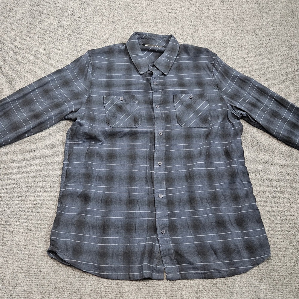 Travis Mathew Button Down Shirt Mens L Navy Black Plaid Stripe Windowpane Modern